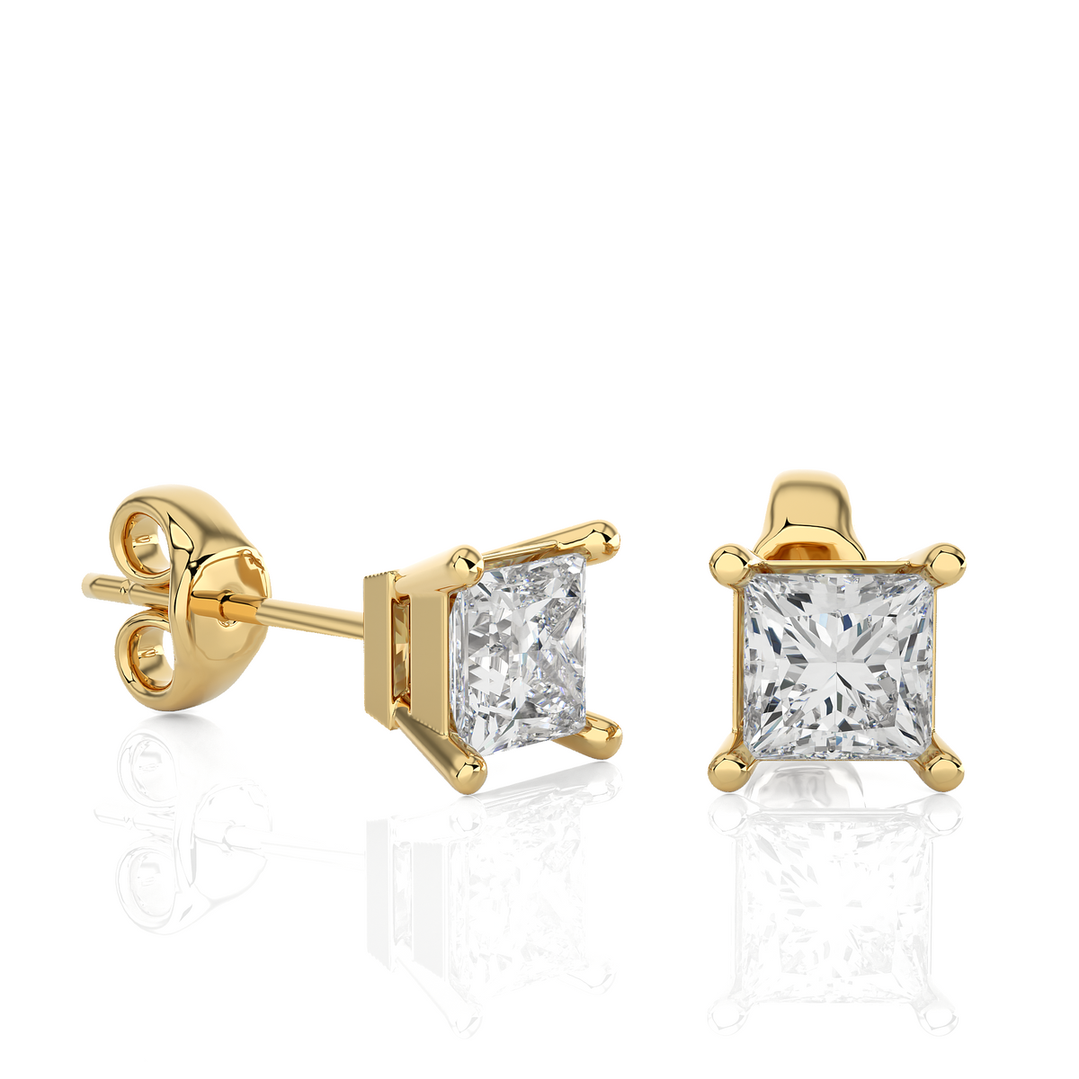 1 ct princess cut moissanite solitaire stud earrings in yellow gold