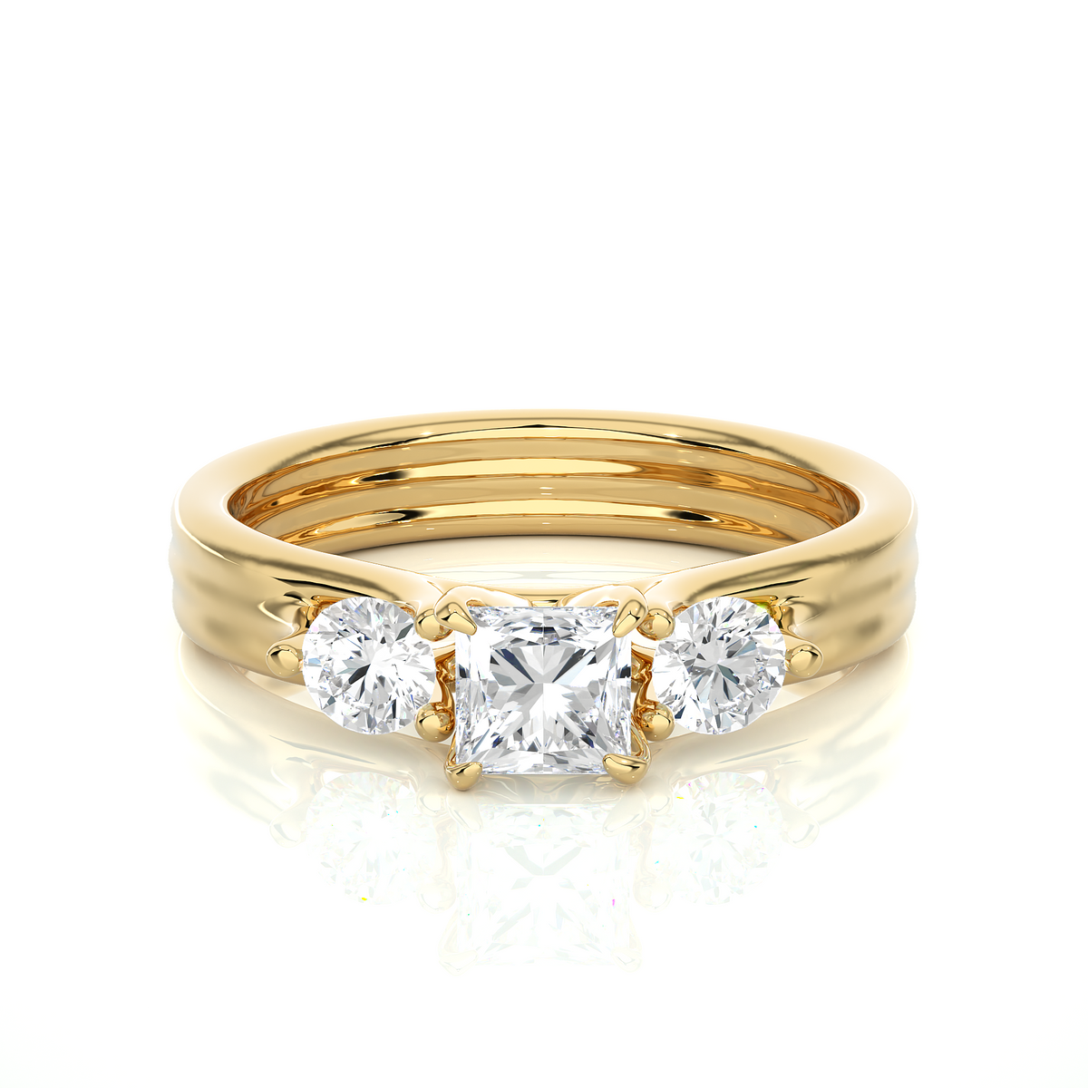 Princess and round stone moissanite ring yellow gold