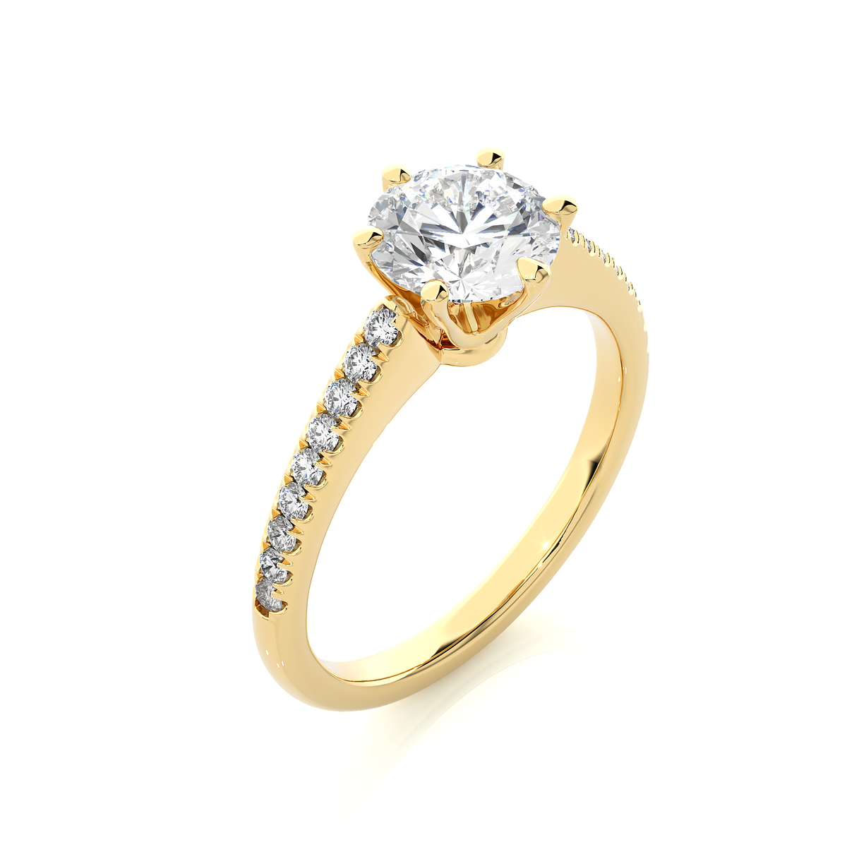 Round cut stone with six prong moissanite ring yellow gold