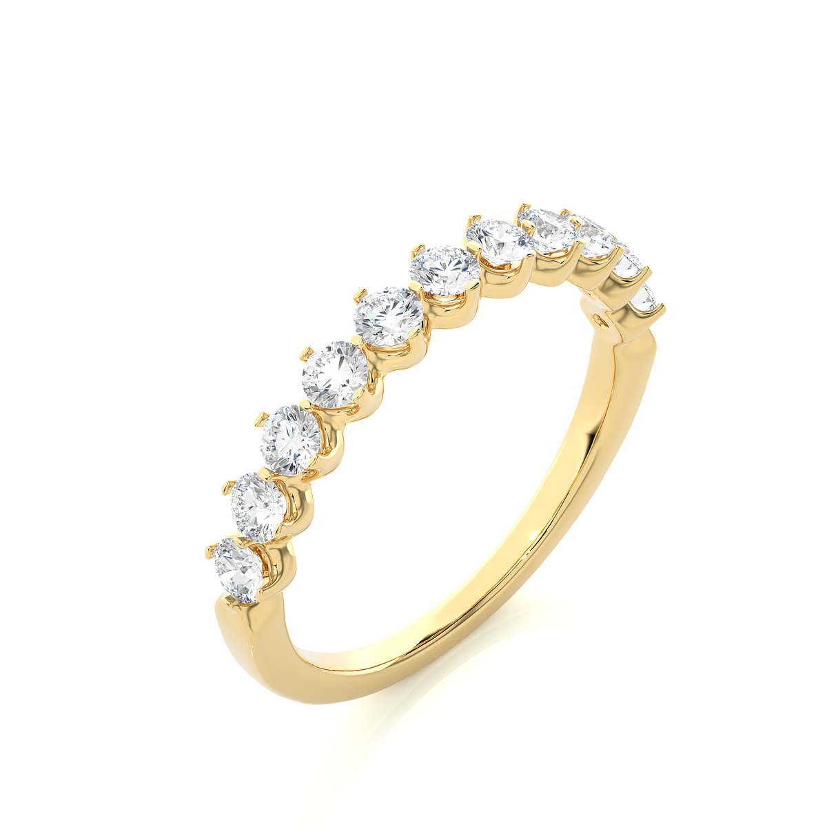 1 ct round moissanite bar set half eternity band in yellow gold