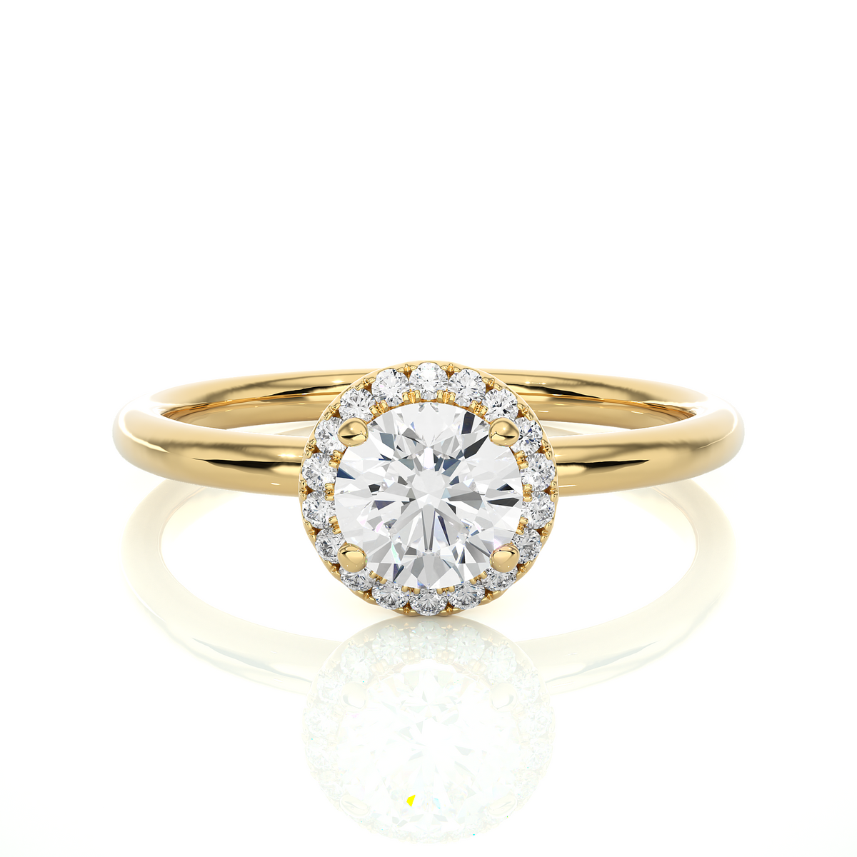 Round stone halo with plain band moissanite ring yellow gold