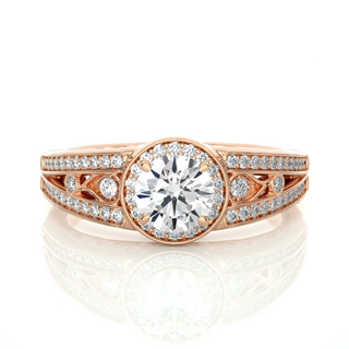 1.5 Carat Round Stone Split Shank With Halo Moissanite Engagement Ring in Yellow Gold