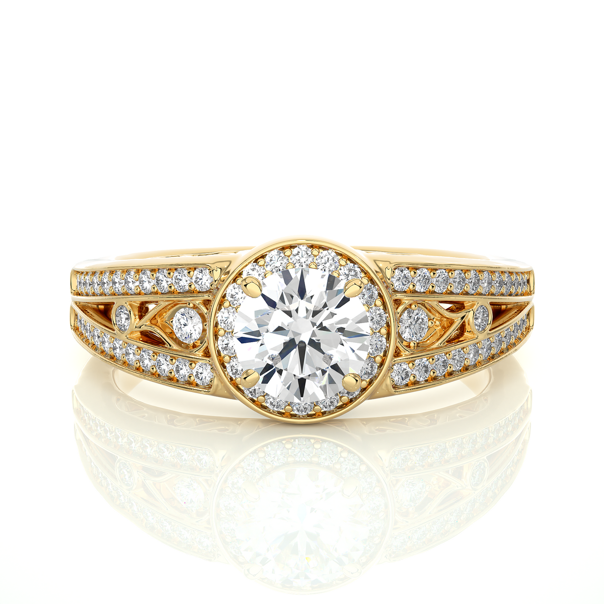 Round stone split shank with halo moissanite engagement ring yellow gold