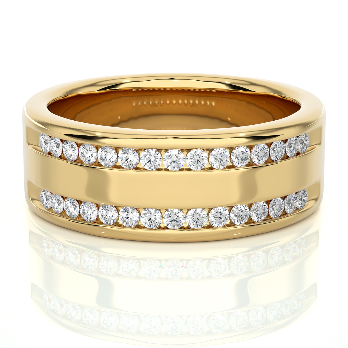 1 ct round moissanite two row wedding band in yellow gold