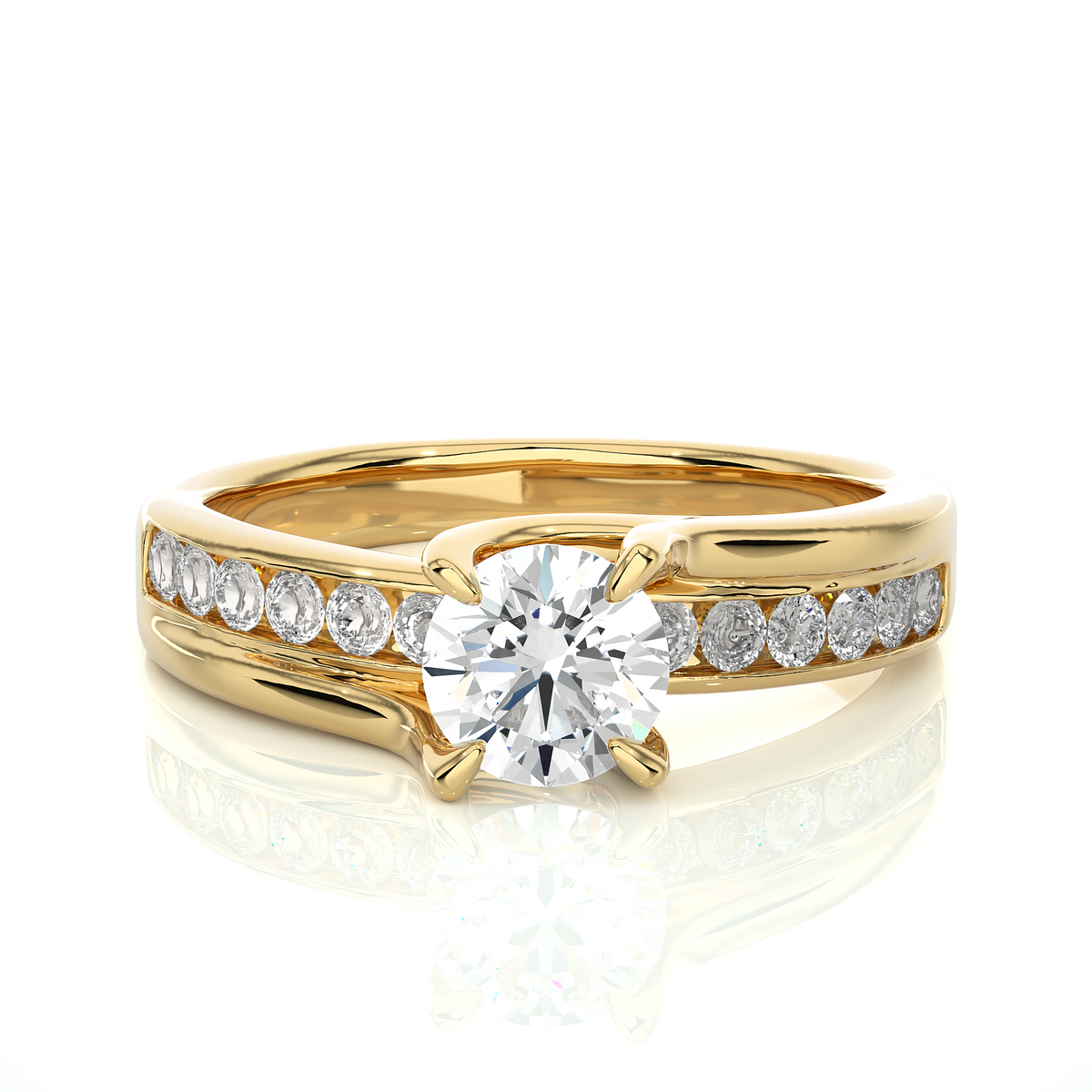 Round stone with four prong channel setting moissanite ring yellow gold