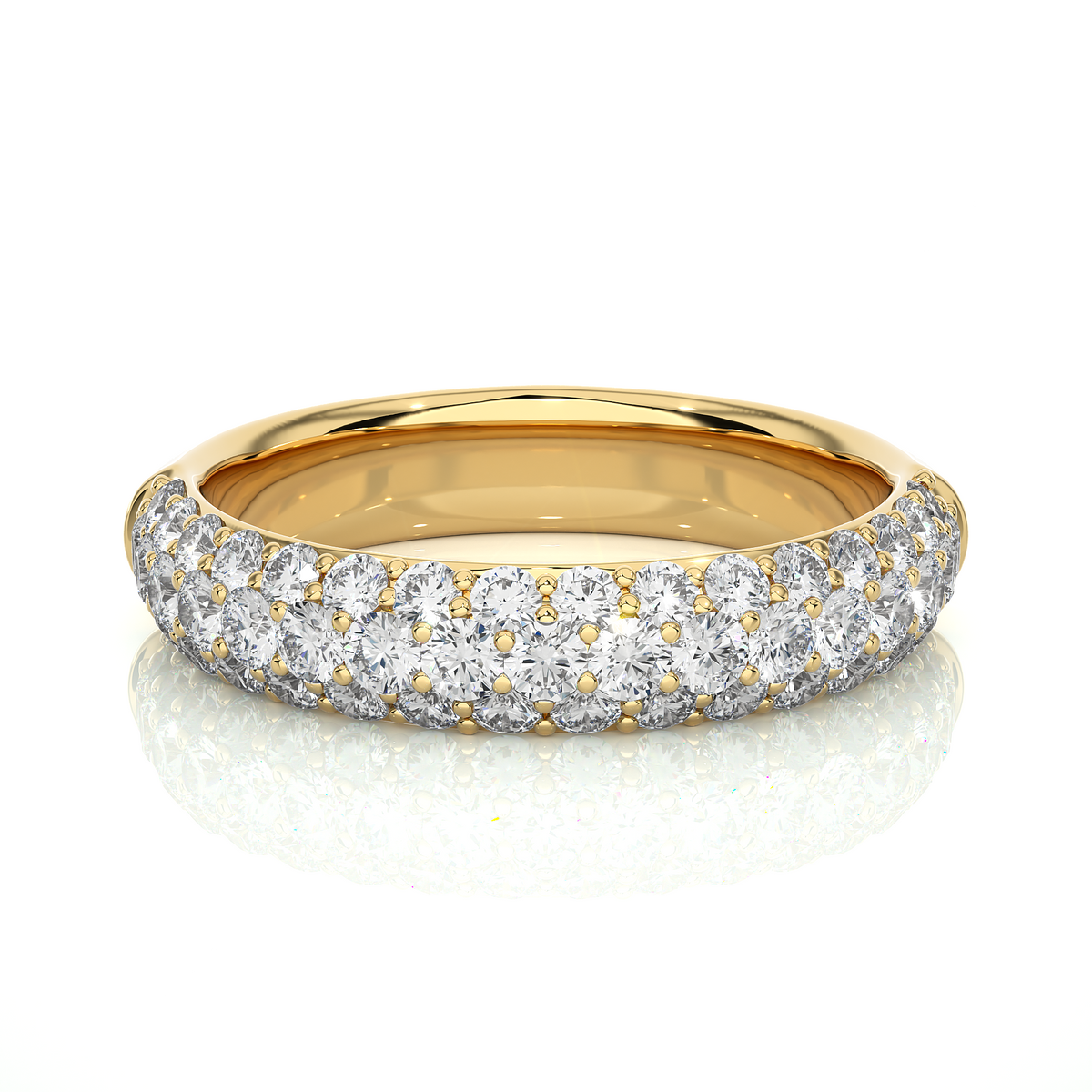 Three row moissanite pave band yellow gold