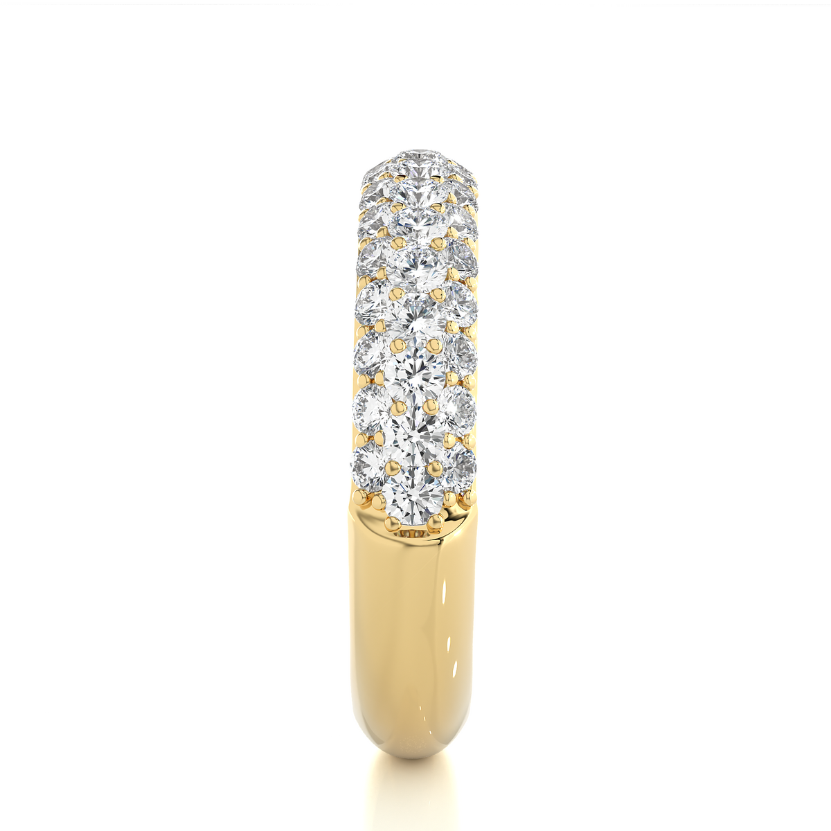 1 carat three row moissanite pave set wedding band in yellow gold