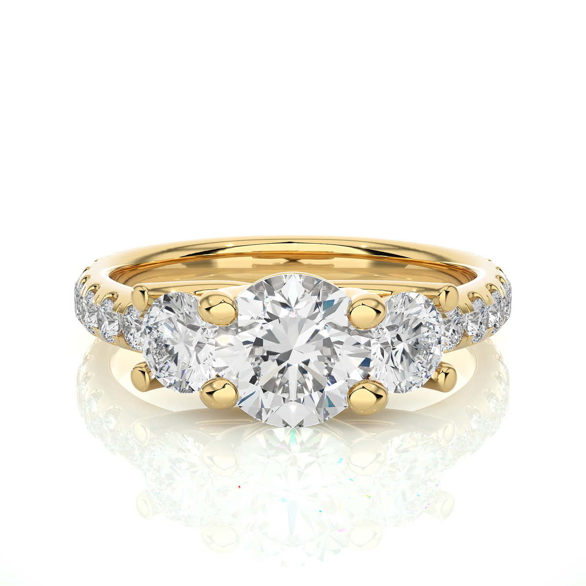 Three stone with round accent moissanite ring yellow gold