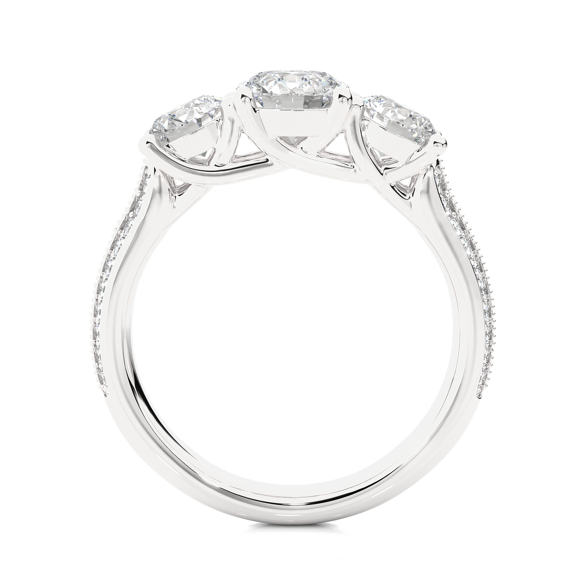 Three stone with two row pave moissanite ring silver