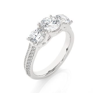 Three Stone with Two Row Pave Moissanite Ring white gold