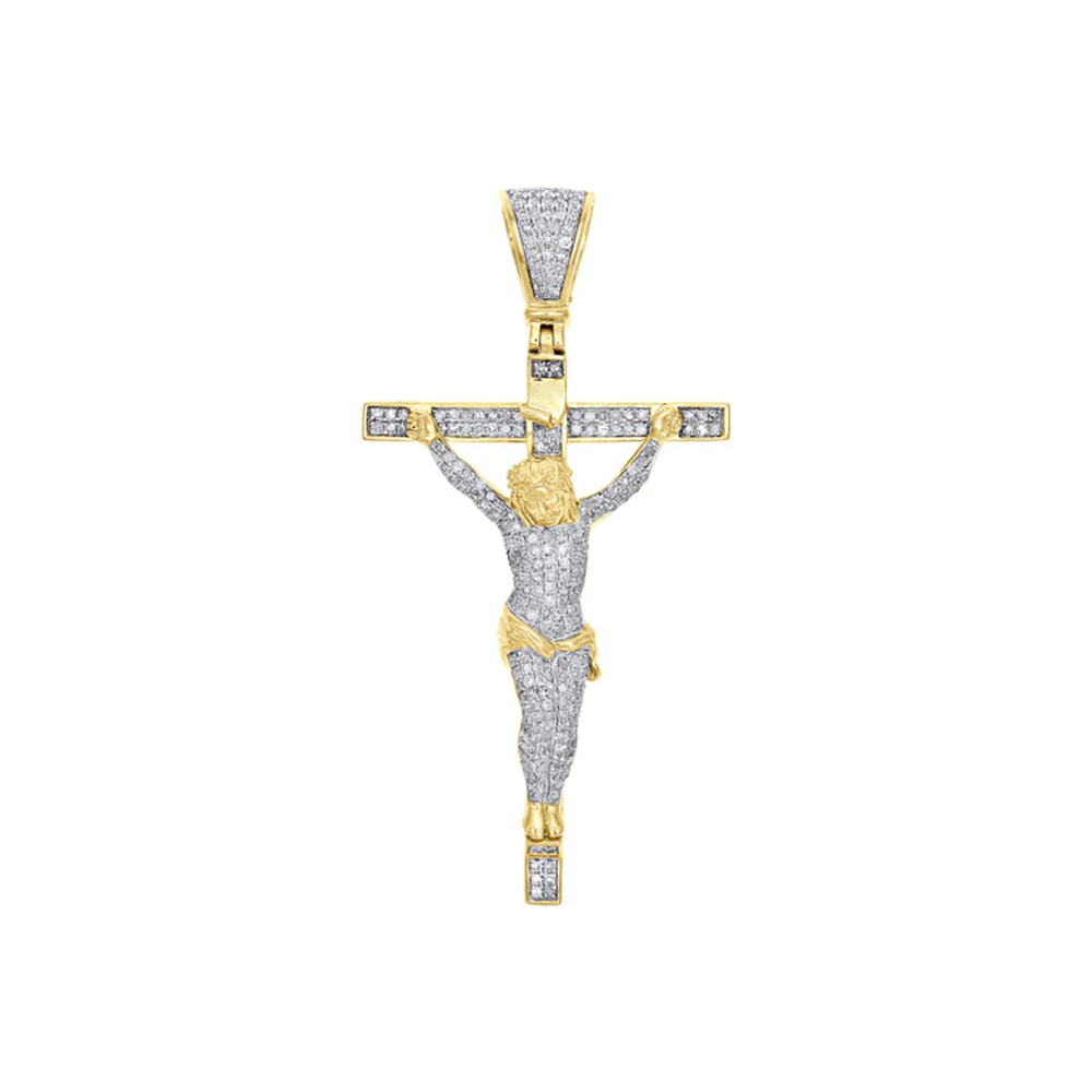 3 carat round shape moissanite jesus cross pendant in yellow gold