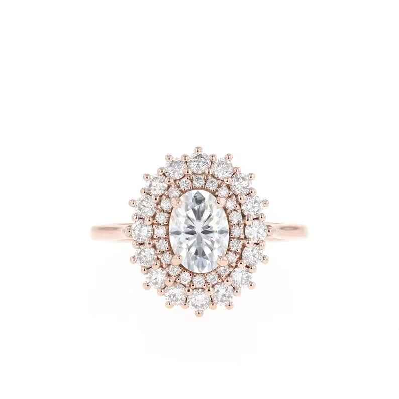 2 ct oval shaped moissanite double halo engagement ring in rose gold