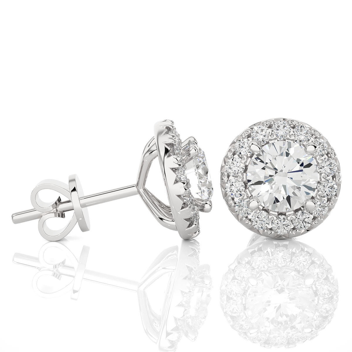 2 carat moissanite halo push back stud earrings in silver