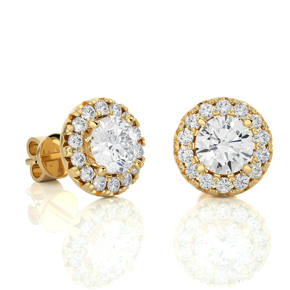 2 carat moissanite halo push back stud earrings in yellow gold