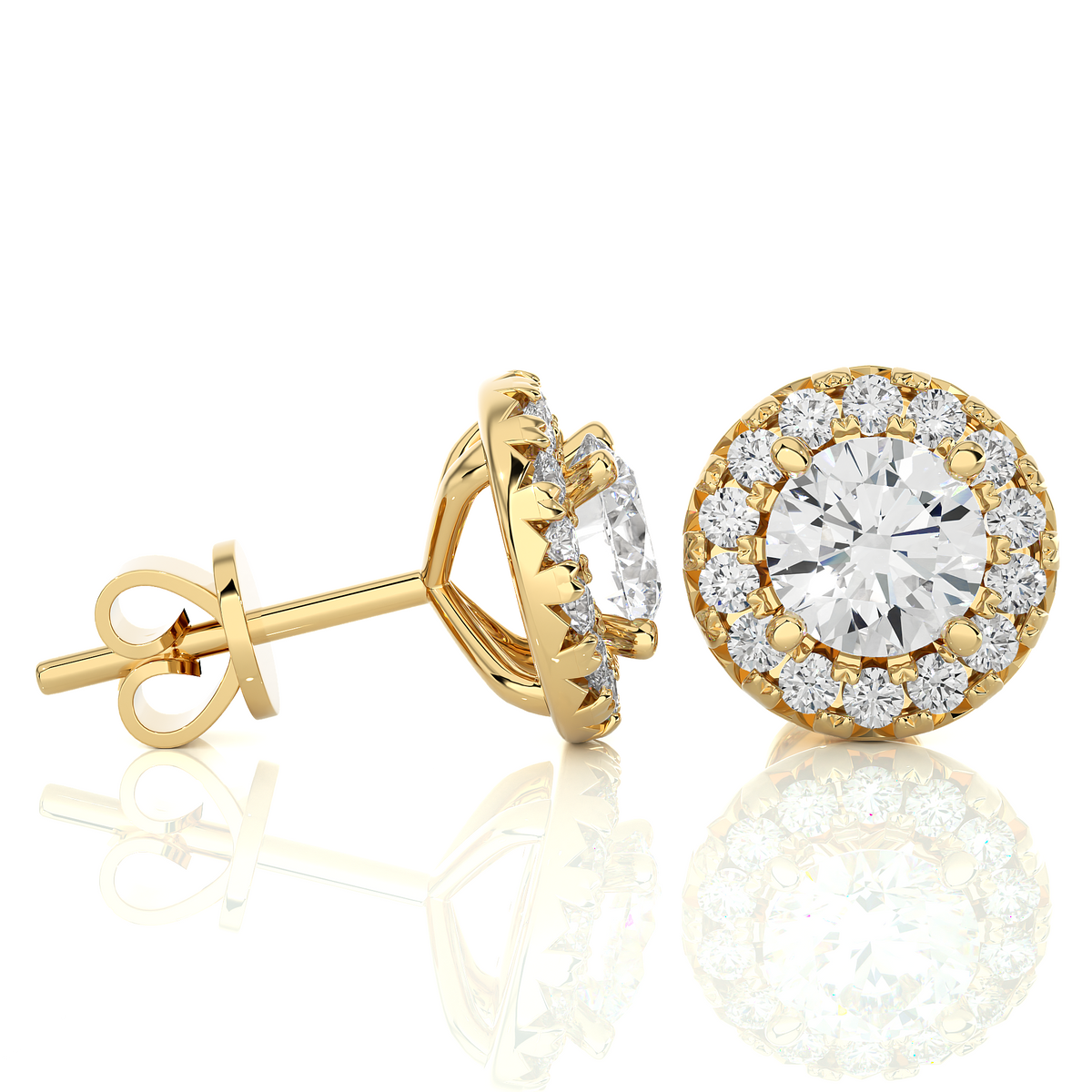 2 carat moissanite halo push back stud earrings in yellow gold
