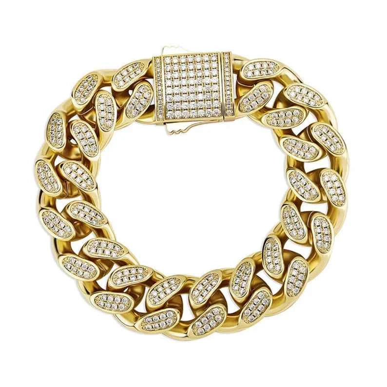 6 carat round cut moissanite iced out hip hop bracelet in yellow gold