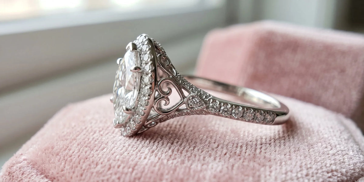 A halo of sparkle, a heart of romance: marquise halo ring with ornate heart gallery details