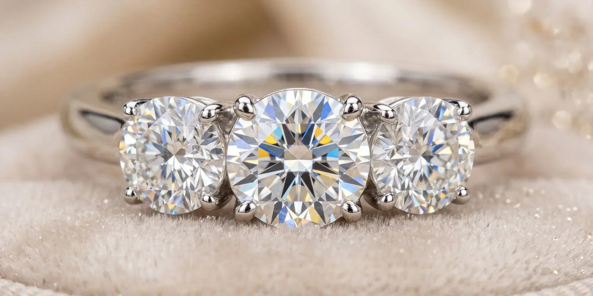 Round 3 stone ring with crown motif under gallery structures