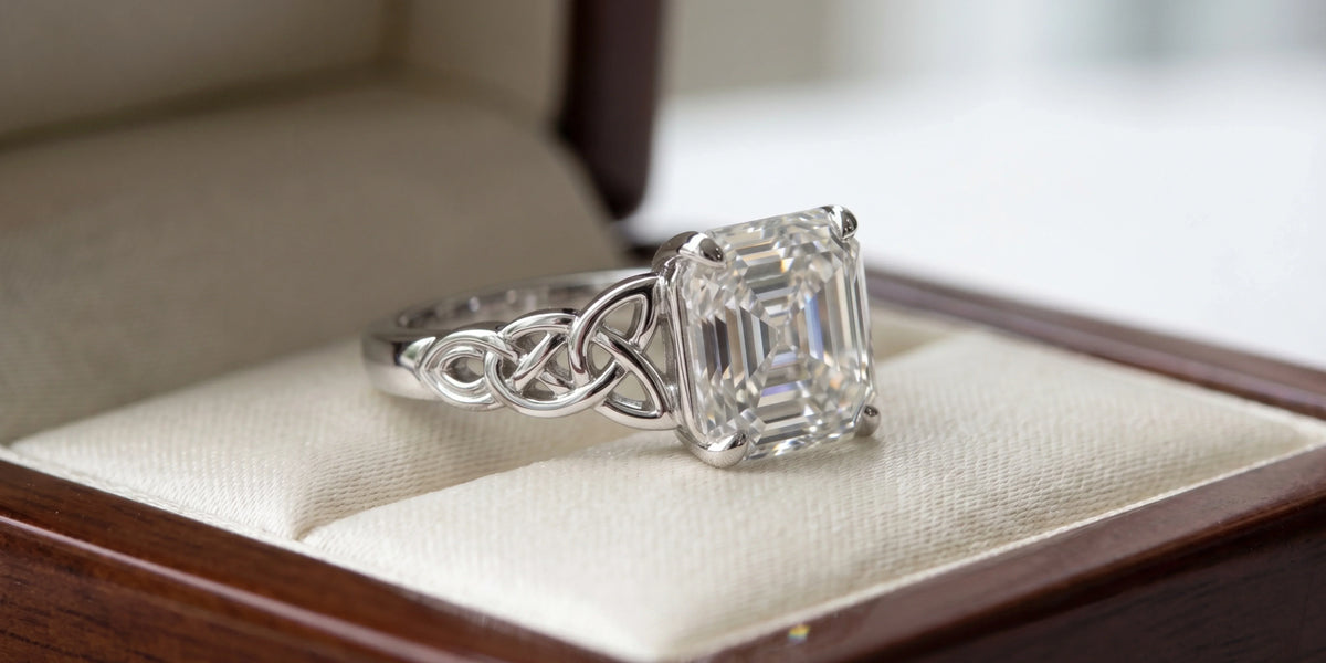 Asscher cut solitaire ring with celtic knotwork shoulders: a symbol of eternal love and timeless elegance
