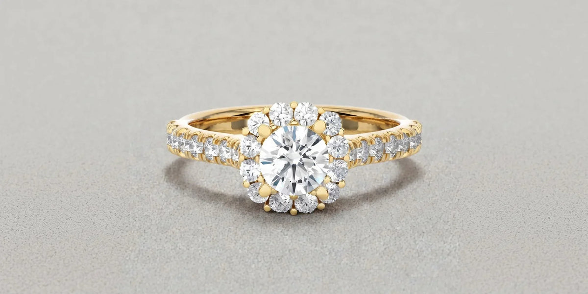 Round halo ring with a scalloped floral profile detail