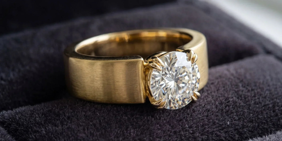 Round solitaire ring with a wide masculine band style