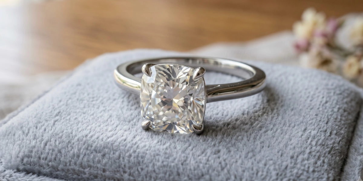 Cushion cut solitaire accent ring with scalloped floating moissanite: a perfect balance of sparkle and elegance