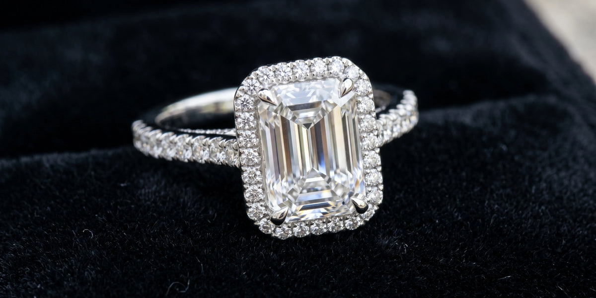 Emerald cut double halo engagement ring with scalloped border