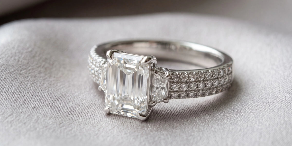 Emerald cut solitaire accent ring with triple row pavé band: a masterpiece of luxury and brilliance
