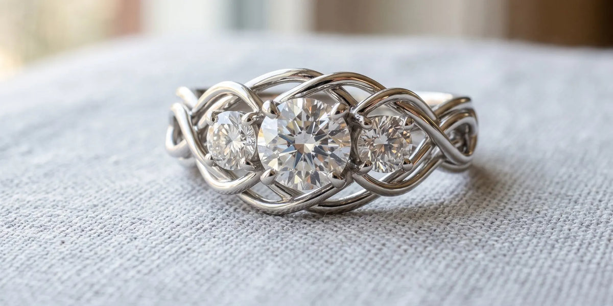 Round 3 stone ring with an interlocking swooping wire design