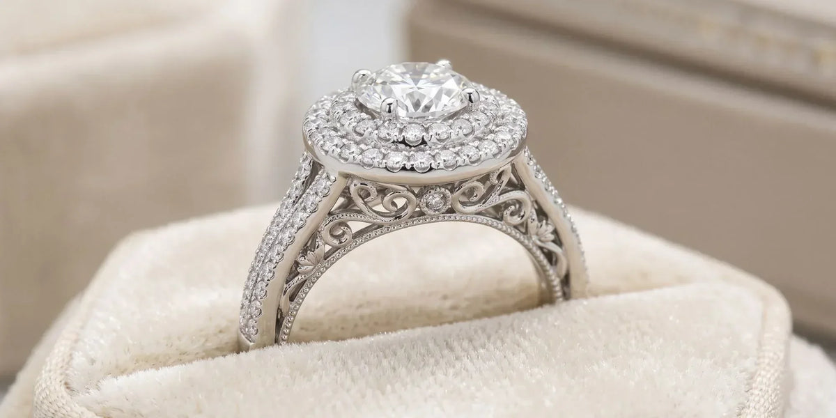Round double halo ring with intricate undergallery scrollwork