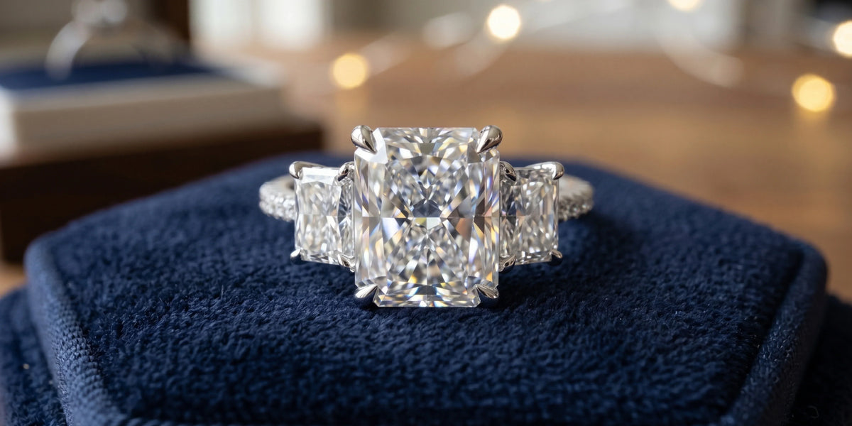 Radiant cut three stone engagement ring with pear side stones and hidden halo: a brilliant symbol of love's journey