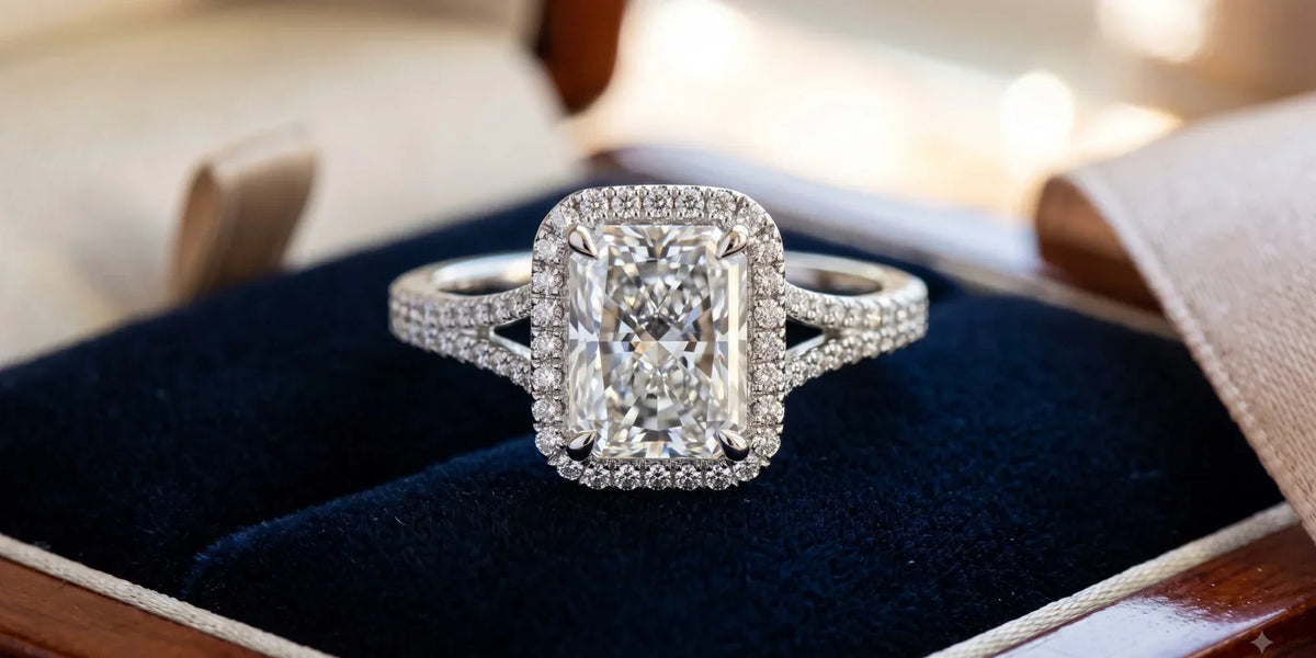 Radiant cut halo engagement ring with micro pavé border frame