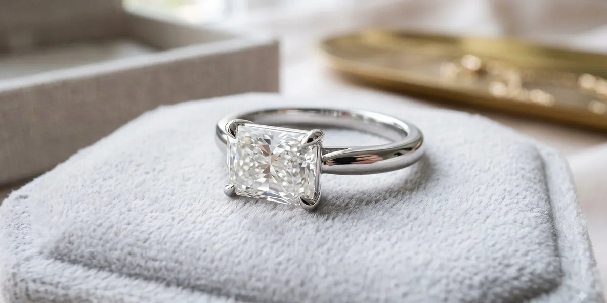 Radiant cut solitaire ring with east west orientation setting: modern sophistication with a contemporary twist