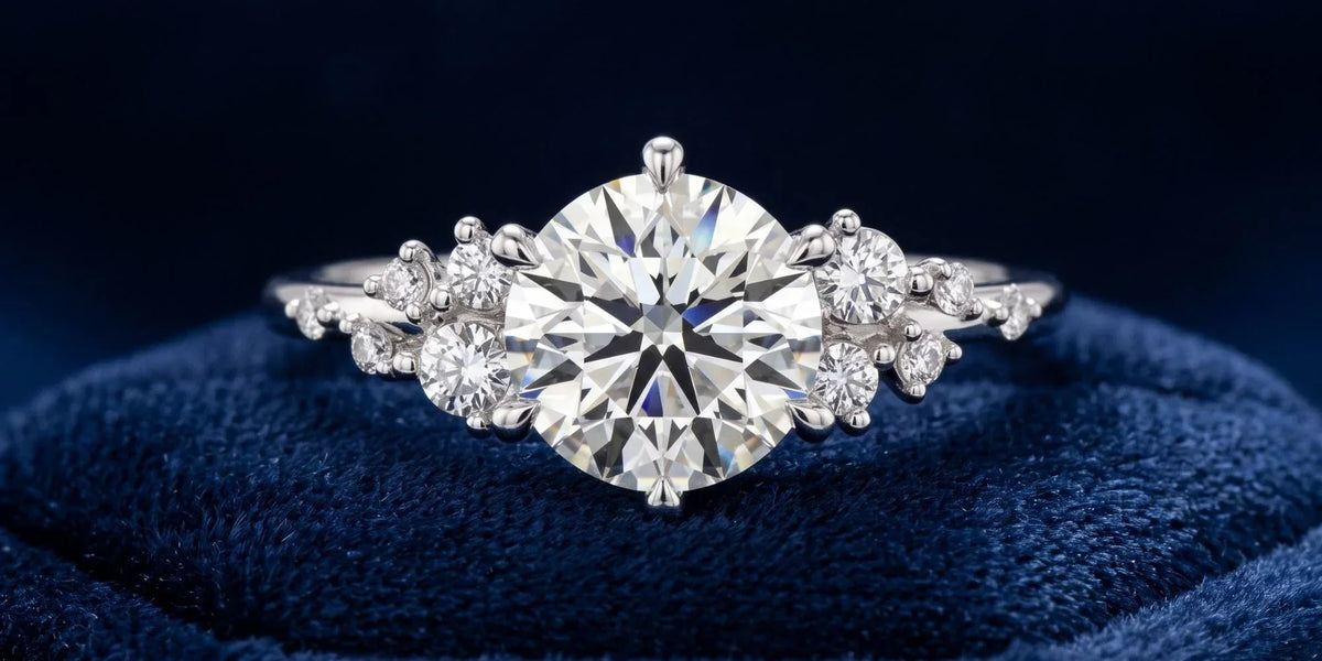 Round cluster ring with asymmetric organic cluster flanking: nature inspired brilliance with modern elegance