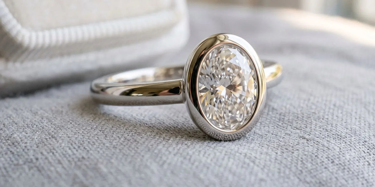Oval bezel solitaire ring with a mirror polished finish