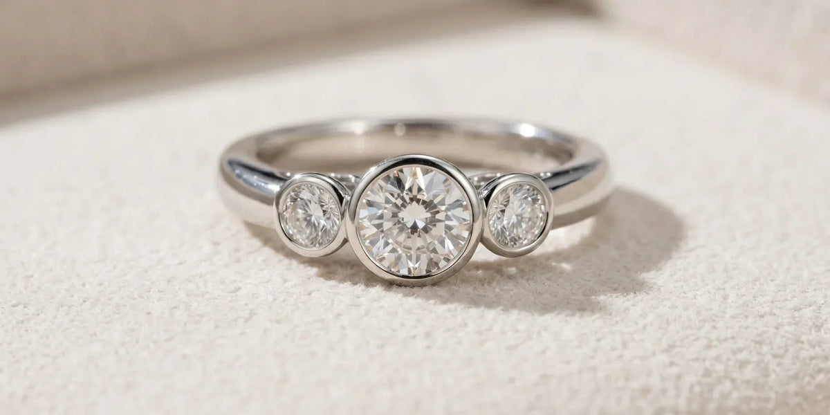 Round 3 stone ring with a hidden bezel profile