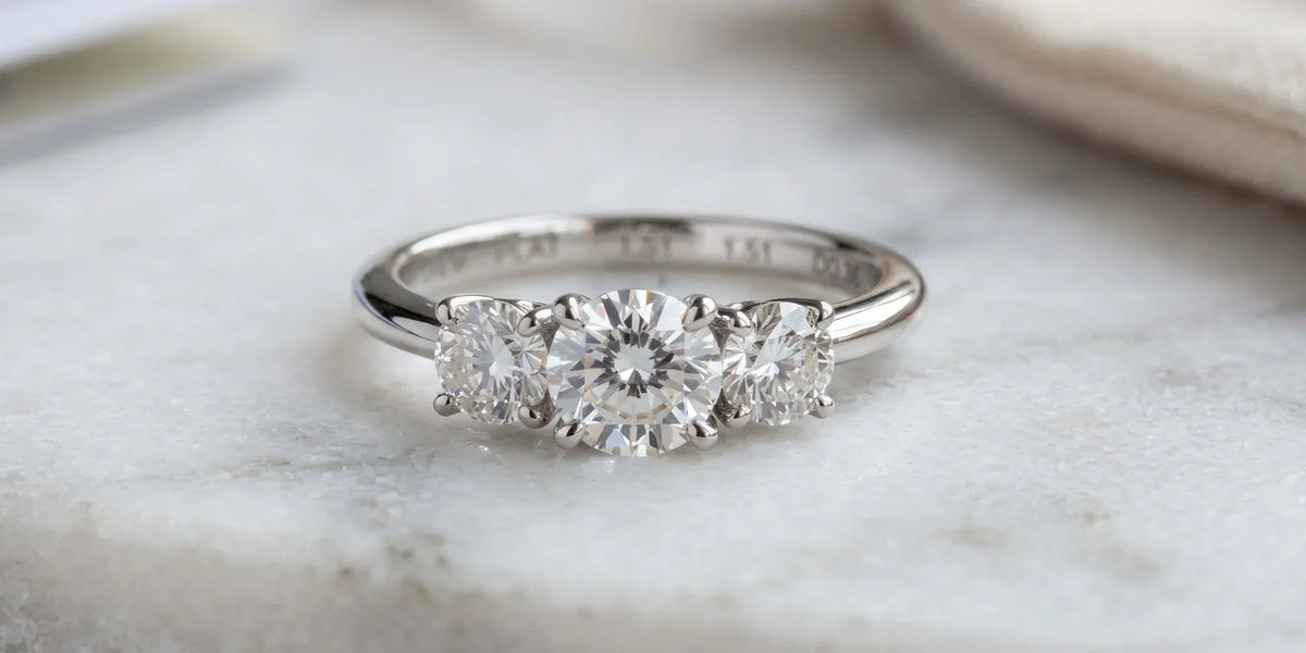 Three stones, one timeless story: round 3 stone ring with a bridge accent bar detail