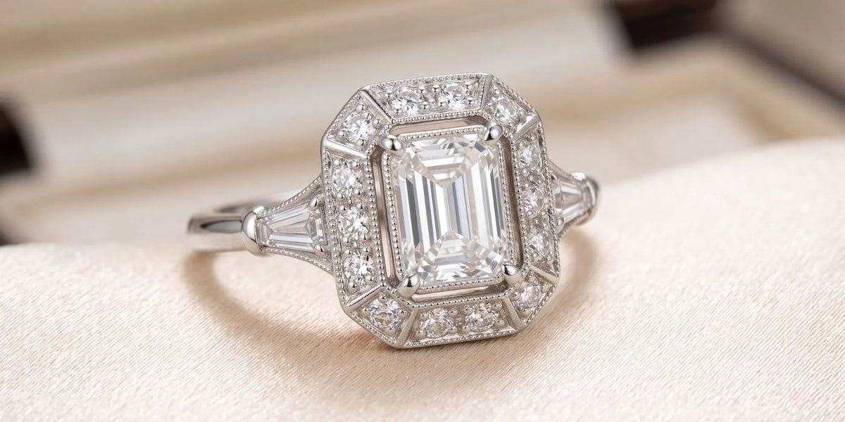 Emerald halo ring with intricate milgrain detailing