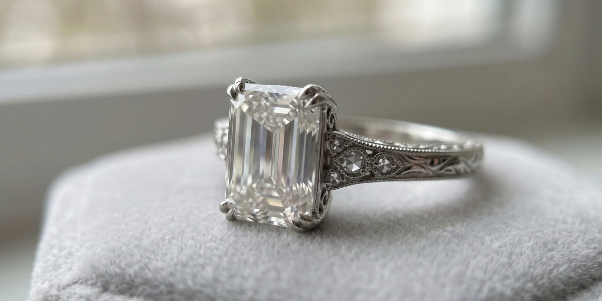  emerald cut ring with sculpted leaf vineyard vine design