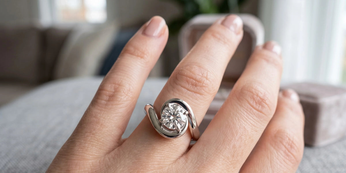 Round solitaire ring with sweeping asymmetric ribbon: a modern sculpture of elegance and motion