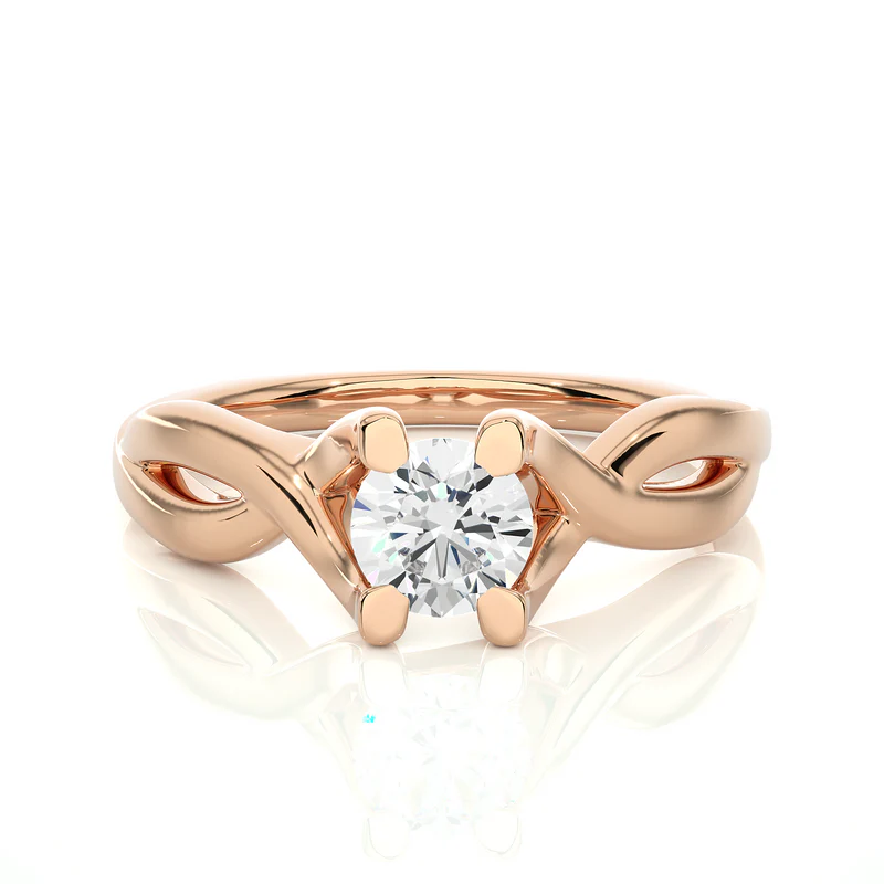 Front view of 0.50 Ct Moissanite Twisted Solitaire Engagement Ring In Rose Gold, highlighting the brilliant center moissanite stone.