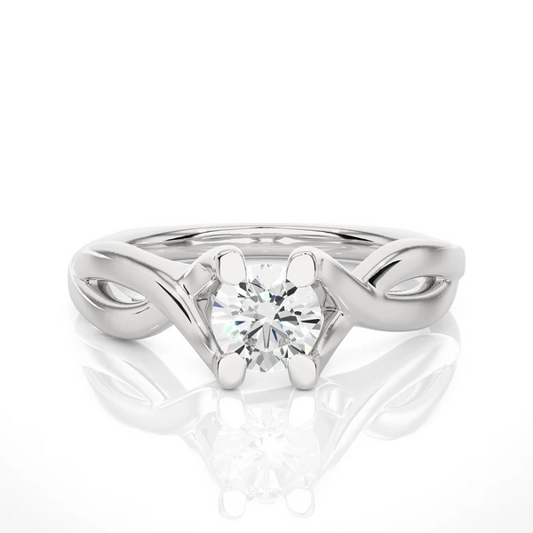 Front view of 0.50 Ct Moissanite Twisted Solitaire Engagement Ring In White Gold, highlighting the brilliant center moissanite stone.