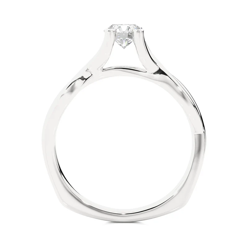 side profile of 0.50 Ct Moissanite Twisted Solitaire Engagement Ring In White Gold highlights the criss cross setting.