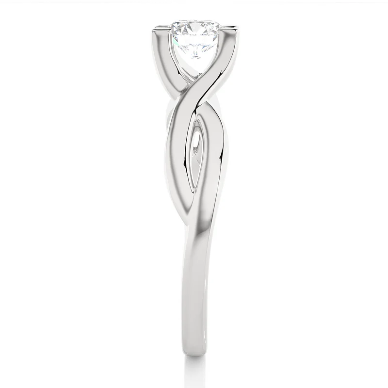 side profile of 0.50 Ct Moissanite Twisted Solitaire Engagement Ring In White Gold highlights the criss cross setting.
