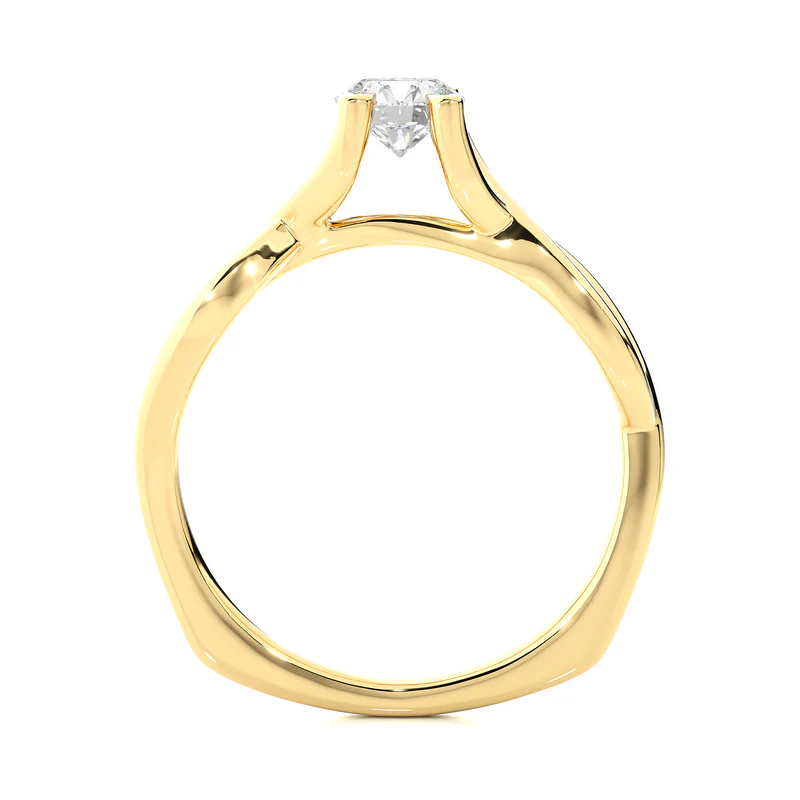 side profile of 0.50 Ct Moissanite Twisted Solitaire Engagement Ring In Yellow Gold, highlights the criss cross setting.