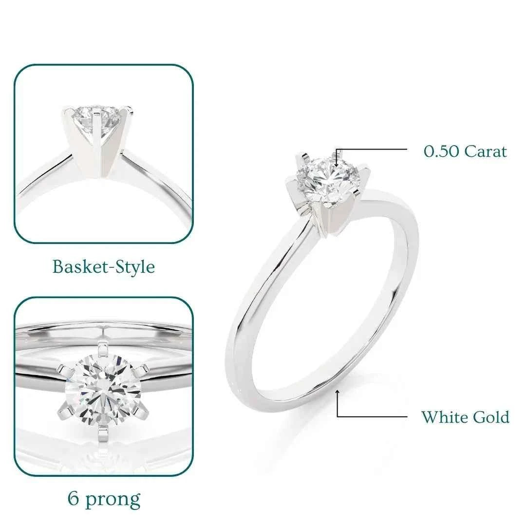 0.50 Carat Six Prong Solitaire Moissanite Ring in White Gold