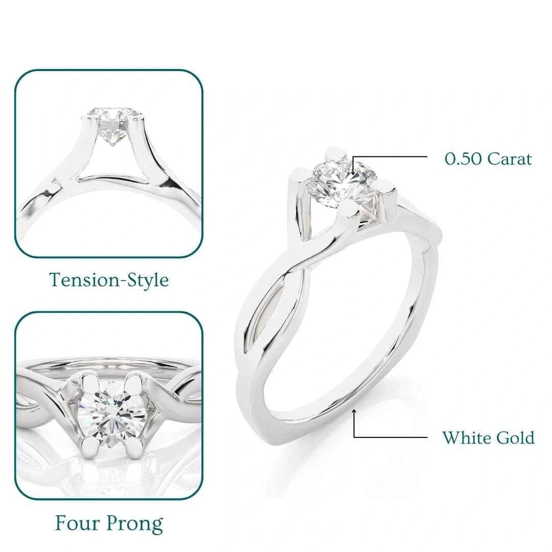 0.50 Ct Moissanite Twisted Solitaire Engagement Ring In White Gold