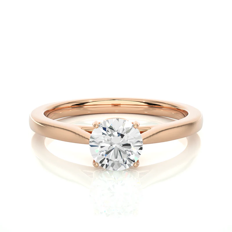 Front view of 0.75 Carat Round Moissanite Solitaire Engagement Ring in Rose Gold, highlighting the brilliant center moissanite stone.