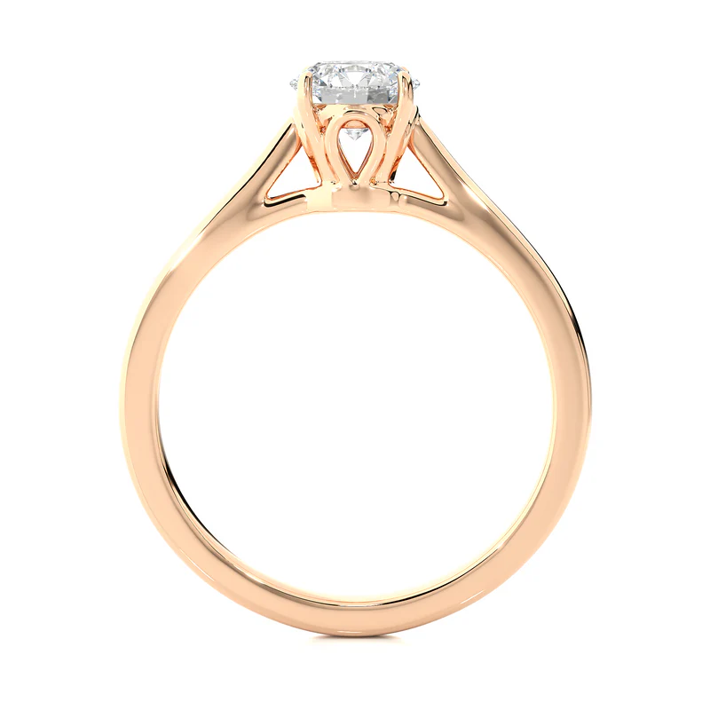 Side profile of 0.75 Carat Round Moissanite Solitaire Engagement Ring in Rose Gold, highlighting the prong setting.