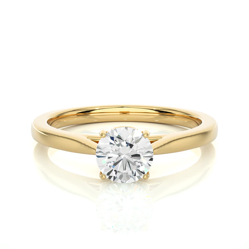Front view of 0.75 Carat Round Moissanite Solitaire Engagement Ring in Yellow Gold, highlighting the brilliant center moissanite stone.